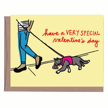 Cat on Leash Valentine Card